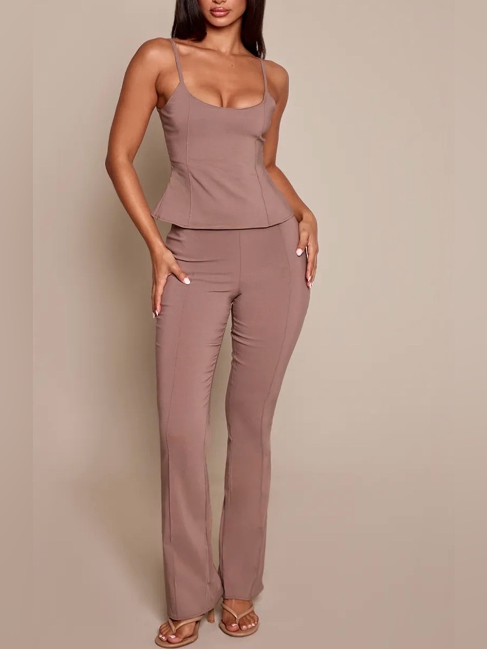 PLT Taupe Petite Stretch Woven Seam Cami and Trouser Co-Ord Matching Set